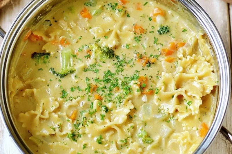 Bowls of creamy vegan pasta soup with fresh vegetables and herbs