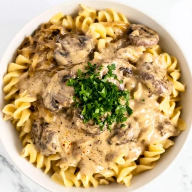 Delicious creamy vegetarian mushroom stroganoff served in a bowl