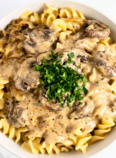 Delicious creamy vegetarian mushroom stroganoff served in a bowl