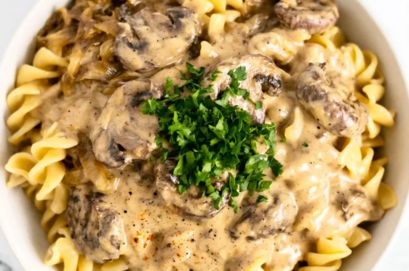 Delicious creamy vegetarian mushroom stroganoff served in a bowl