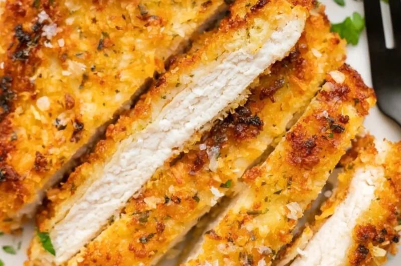 Crispy Parmesan Chicken Cutlets served on a plate with garnish.