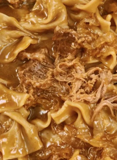 Delicious Crockpot beef and noodles served in a bowl