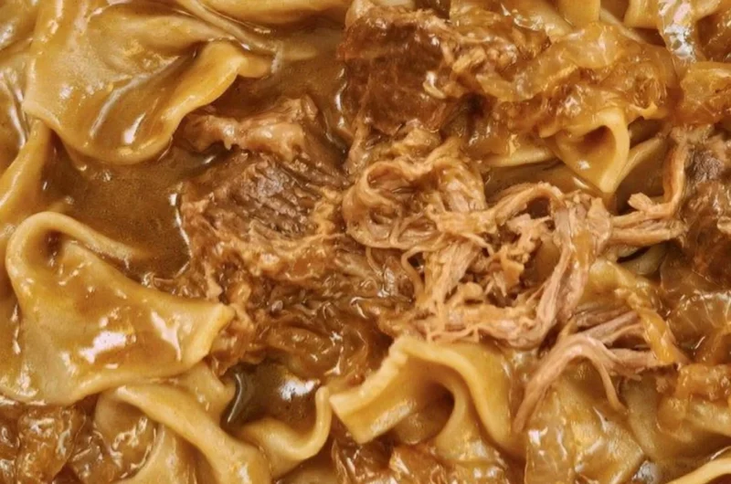 Delicious Crockpot beef and noodles served in a bowl