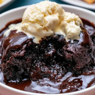 Deliciously rich and fudgy Crockpot pudding brownies in a serving dish