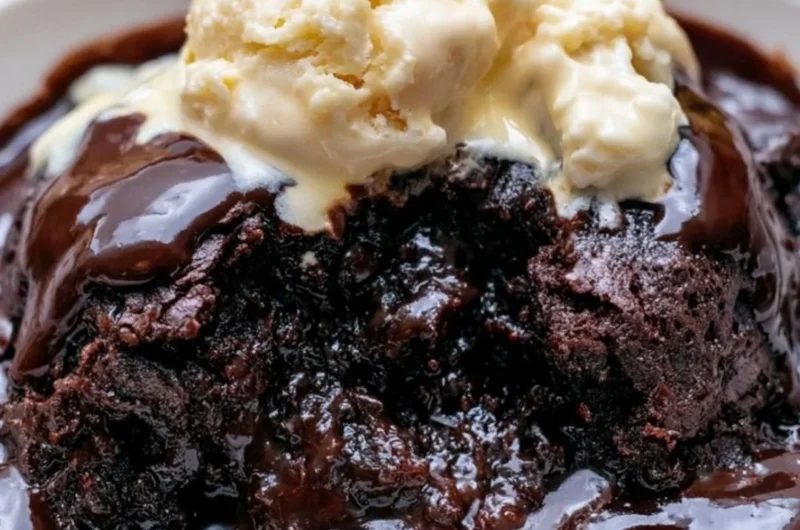 Deliciously rich and fudgy Crockpot pudding brownies in a serving dish