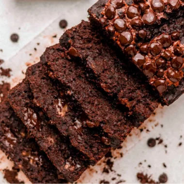Slice of Double Chocolate Banana Bread on a plate with chocolate chunks