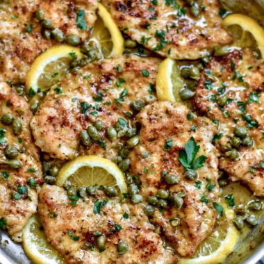 Delicious easy 20-minute chicken piccata served with lemon and capers