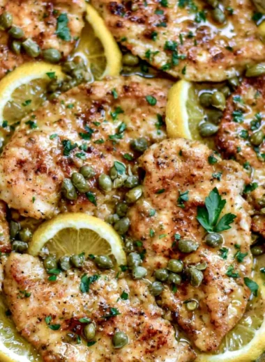 Delicious easy 20-minute chicken piccata served with lemon and capers