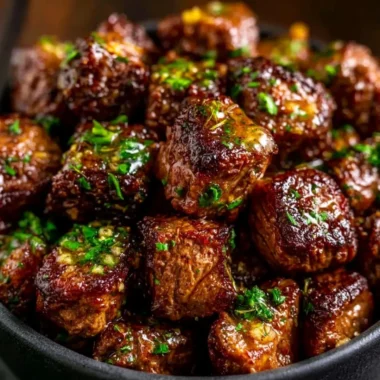 Delicious garlic butter steak bites in a skillet