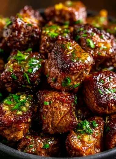Delicious garlic butter steak bites in a skillet