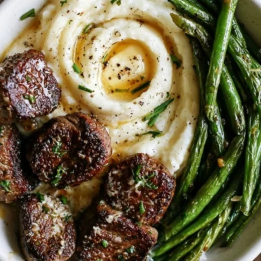 Delicious garlic parmesan steak bites plated with creamy mashed potatoes.