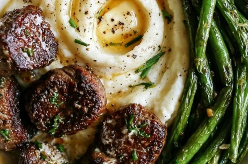 Delicious garlic parmesan steak bites plated with creamy mashed potatoes.
