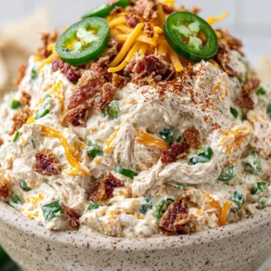 Delicious Jalapeño Popper Keto Chicken Salad in a bowl, garnished with jalapeños.