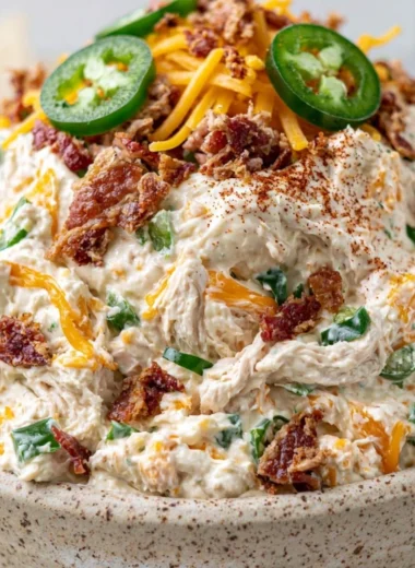 Delicious Jalapeño Popper Keto Chicken Salad in a bowl, garnished with jalapeños.