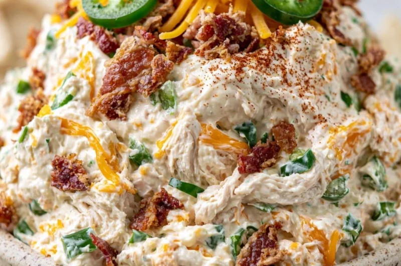 Delicious Jalapeño Popper Keto Chicken Salad in a bowl, garnished with jalapeños.