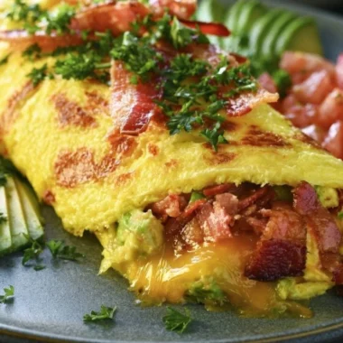 Keto Omelette filled with avocado and bacon for a healthy breakfast