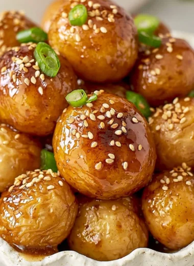 Delicious bowl of Korean braised potatoes served with sesame seeds