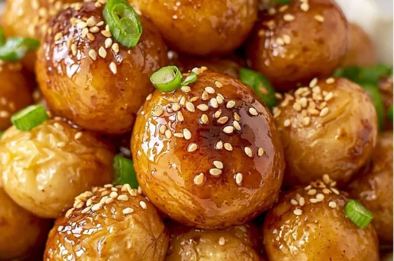 Delicious bowl of Korean braised potatoes served with sesame seeds