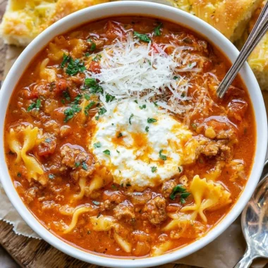 Bowl of hearty Lasagna Soup topped with cheese and fresh herbs