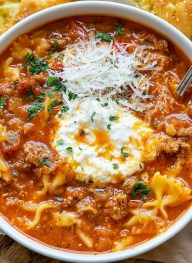 Bowl of hearty Lasagna Soup topped with cheese and fresh herbs