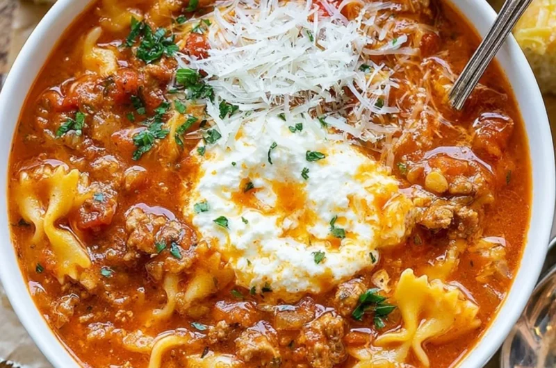 Bowl of hearty Lasagna Soup topped with cheese and fresh herbs