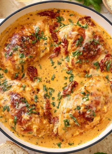 Delicious Marry Me Chicken served with creamy sauce and herbs