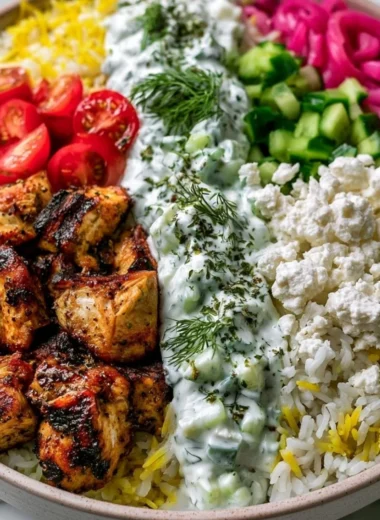 Mediterranean Lemon-Dill Chicken Bowl with fresh vegetables and herbs