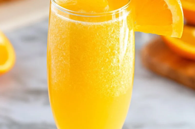 A refreshing Non-Alcoholic Mimosa in a glass with orange juice and sparkling water.