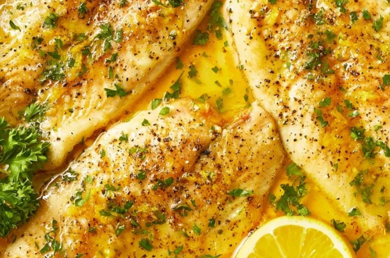 Oven baked tilapia served with lemon and herbs on a plate.
