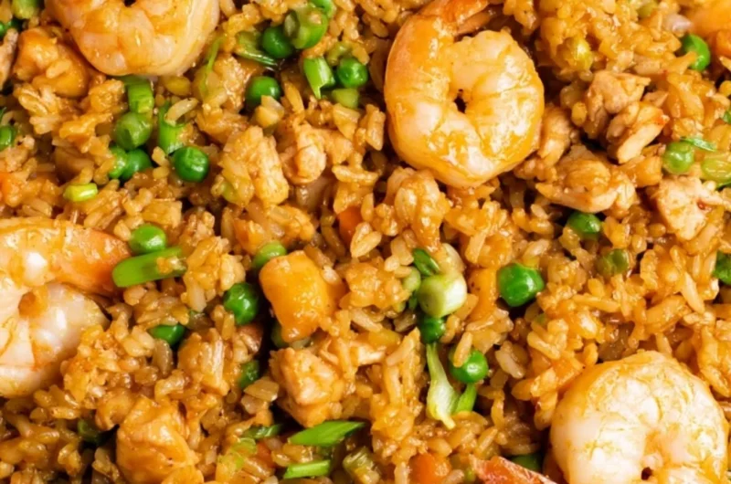 Shrimp fried rice with yum yum sauce served in a bowl
