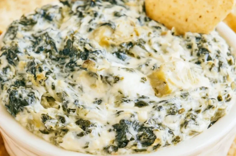 Delicious slow cooker spinach artichoke dip served with tortilla chips