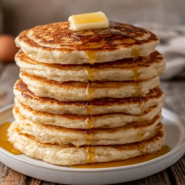 Fluffy sourdough pancakes made with sourdough discard, served on a plate
