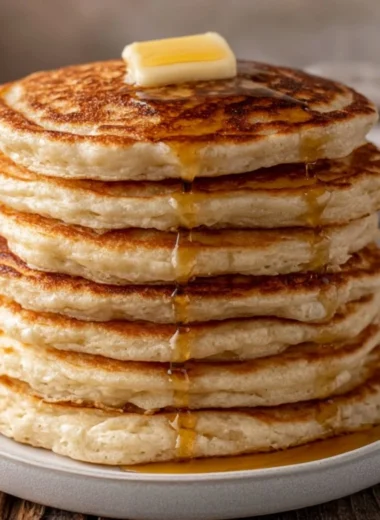 Fluffy sourdough pancakes made with sourdough discard, served on a plate