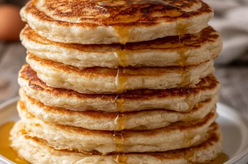 Fluffy sourdough pancakes made with sourdough discard, served on a plate