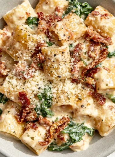 Delicious plate of sun-dried tomato pasta garnished with fresh herbs
