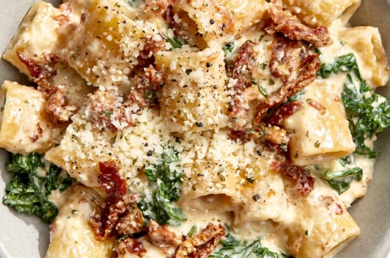 Delicious plate of sun-dried tomato pasta garnished with fresh herbs