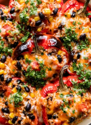 Colorful vegetarian stuffed peppers filled with grains and vegetables