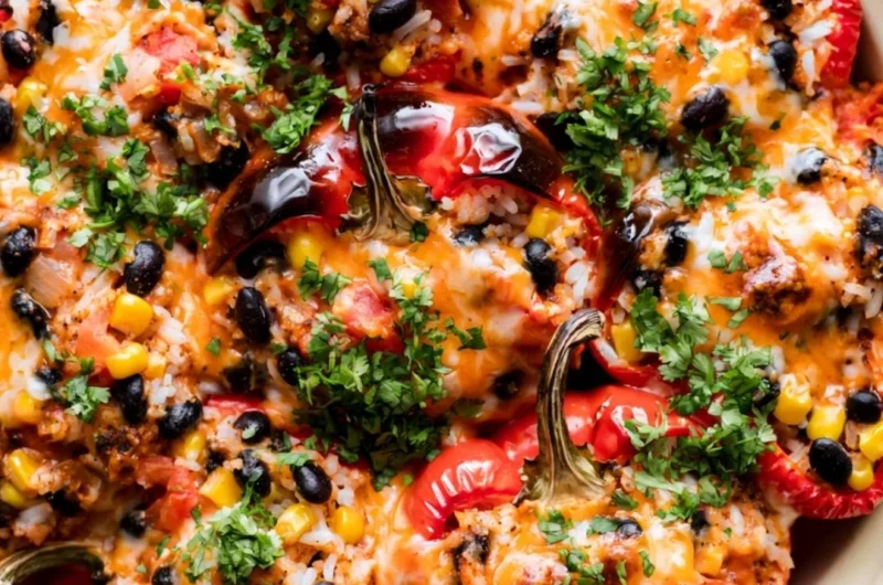 Colorful vegetarian stuffed peppers filled with grains and vegetables