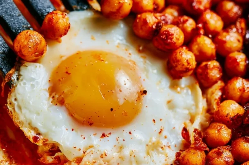 Plate of chickpea fried eggs garnished with herbs and spices