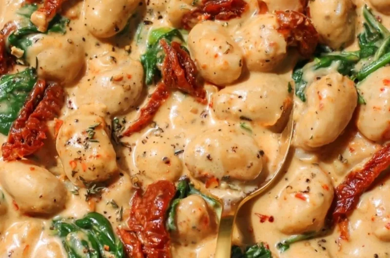 Creamy one pot sundried tomato white beans dish served in a bowl