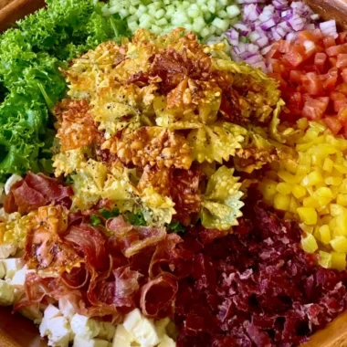 Crispy Italian Pasta Salad featuring colorful vegetables and twirls of pasta