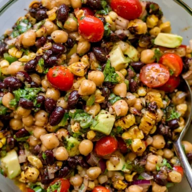 Colorful Southwest Chickpea Black Bean Salad with avocado and cilantro