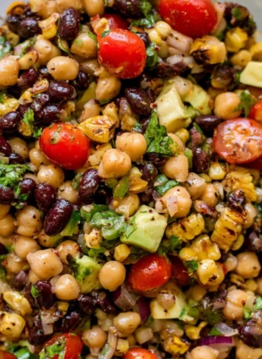 Colorful Southwest Chickpea Black Bean Salad with avocado and cilantro