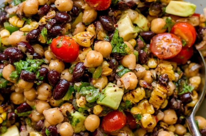 Colorful Southwest Chickpea Black Bean Salad with avocado and cilantro