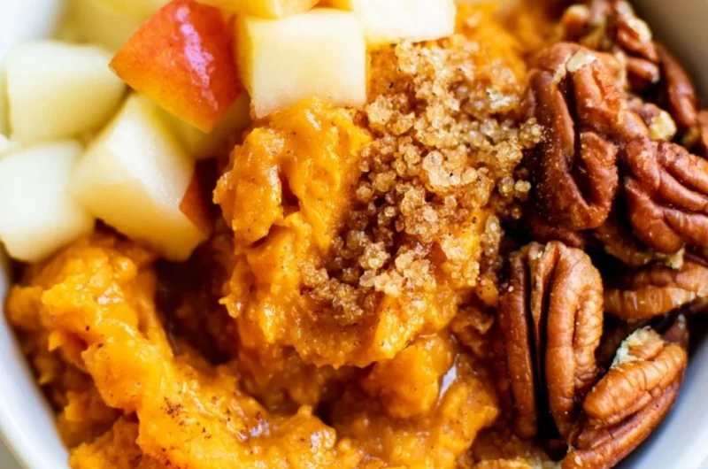 Sweet potato breakfast bowl with pecans and apples, a healthy warm breakfast dish