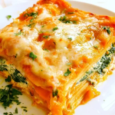 Vegetarian Pumpkin Spinach Lasagna layered with cheese and fresh spinach