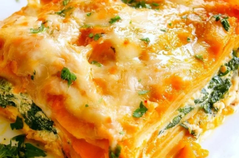 Vegetarian Pumpkin Spinach Lasagna layered with cheese and fresh spinach