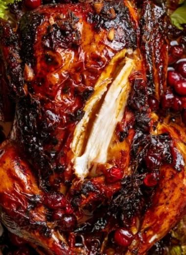 Whole roast chicken with cranberry-maple glaze on a serving platter