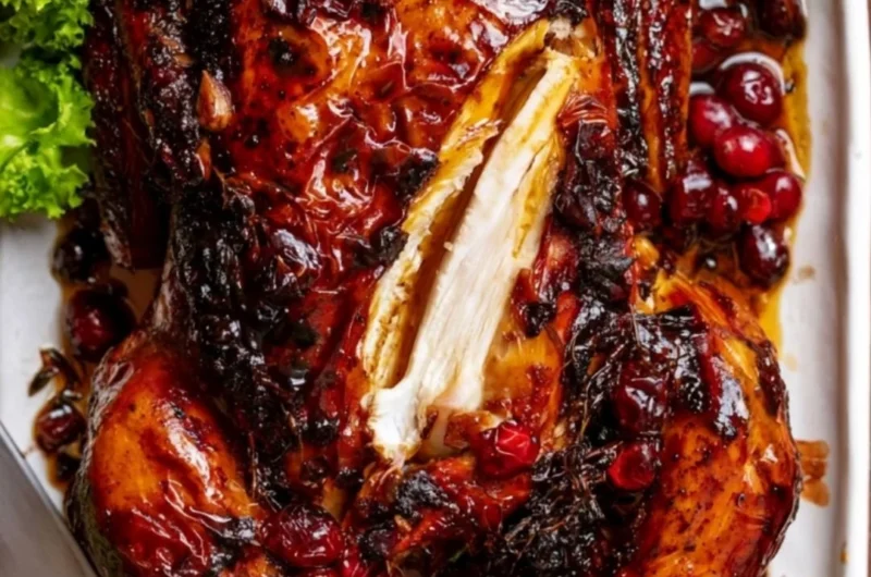 Whole roast chicken with cranberry-maple glaze on a serving platter